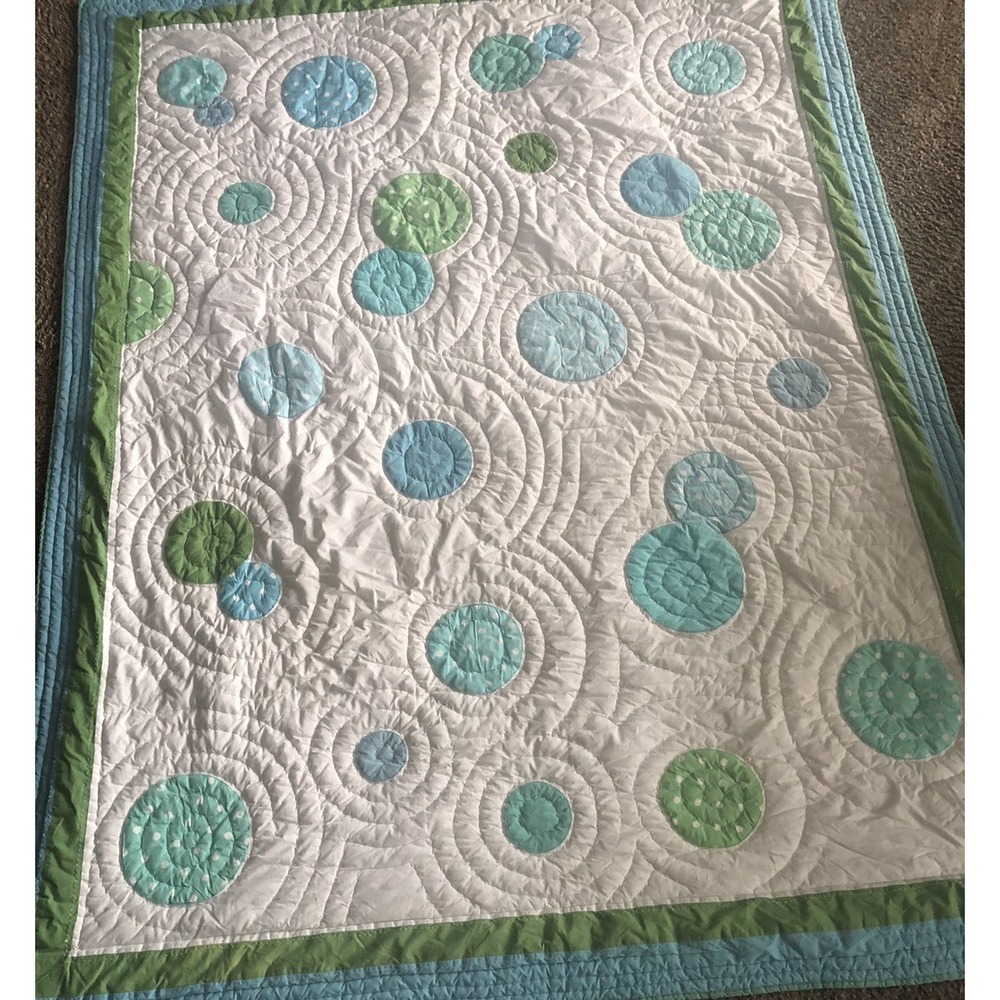 Pottery Barn Teen Dottie Twin Quilt 68x82 White Blue & Green Circles Polka Dots